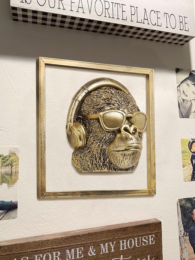 Animal Heads Wall Decor (Includes Metal Frame) Resin Animals Sculptures Head Wall Hanging Decoration Gold vintage Wall Sculpture for Living Room Bedroom Office (Gorilla)