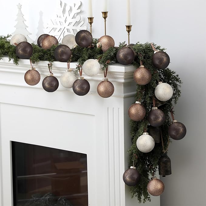 24 Pcs Neutral Textured Christmas Ball Ornaments 2.36'' Vintage Christmas Tree Decor Modern Rustic Brown Ornaments with Loop Shatterproof Hanging Ball for Xmas Farmhouse Decor (Dark Brown)