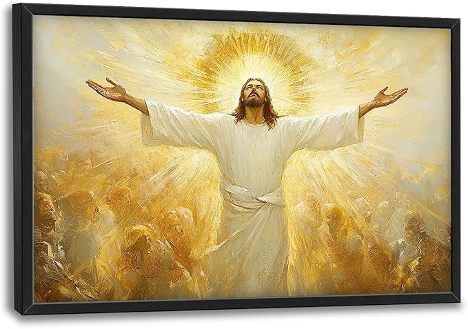 Jesus Framed Wall Art for Living Room, Large Christ Canvas Wall Decor, Jesus Golden Light Pictures Painting, Modern Artwork for Bathroom Bedroom Office 36L'' × 24W''