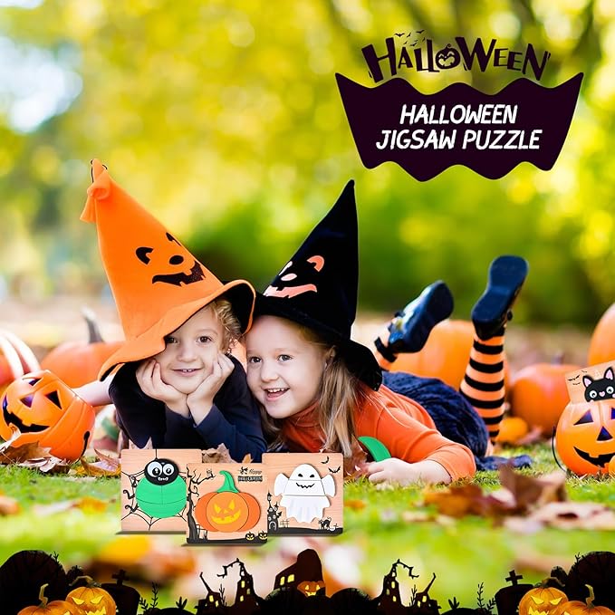 4 Pack Halloween Wooden Puzzles for Kids Toddlers Jigsaw Puzzles Halloween Toys for Halloween Party Favors Treat Bag Prizes