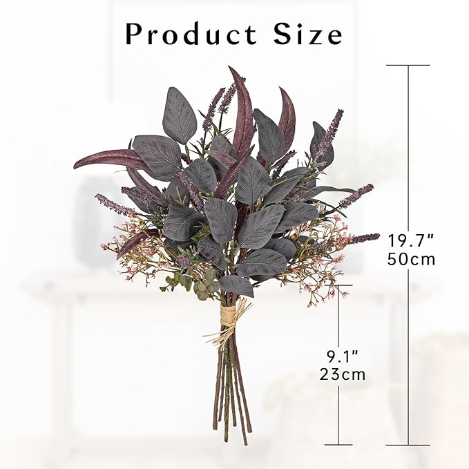 Fall Artificial Eucalyptus Bouquet with Purple Sage Leaves – Autumn Faux Greenery Bush with Raffia Wrap for Farmhouse, Kitchen, Table, and Seasonal Home Décor