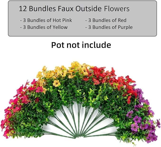 Artificial Flowers for Outdoor Indoor Garden Home Decoration, Faux Flower Daisy with Eucalyptus Leaves Fake Plants Greenery Boxwood Porch Patio, 12 Bundles (Mix Pink Red Purple Yellow)