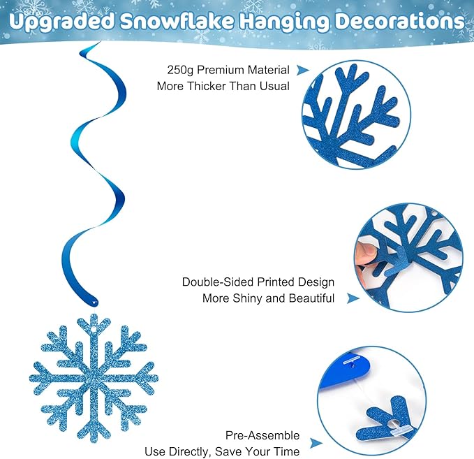 20 Pack Frozen Snowflake Hanging Decorations - Winter Snowflakes Hanging Swirls Ceiling Streamers, Glittery Snowflakes Ornament for Wonderland Frozen Party Decorations, Birthday and Christmas Decor