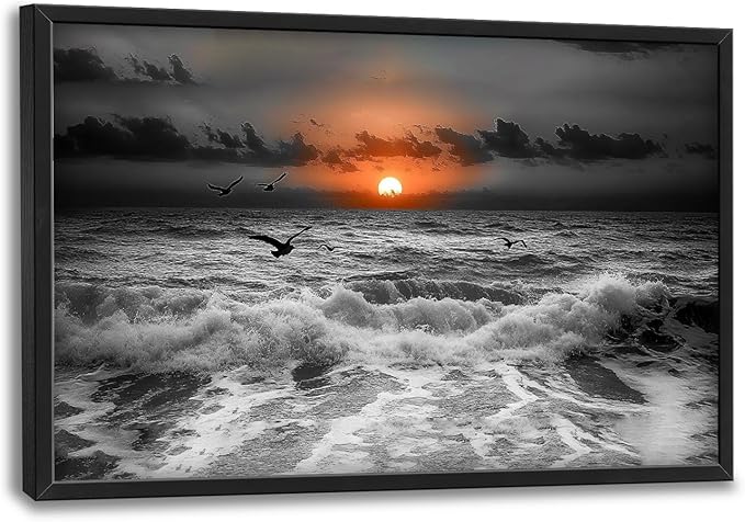 Flintis Large Ocean Sunset Framed Wall Art Beach Seagull Pictures Wall Decor Abstract Natural Landscape Canvas Painting Print Artworks Framed for Living Room Bathroom Master Bedroom 36L X 24W