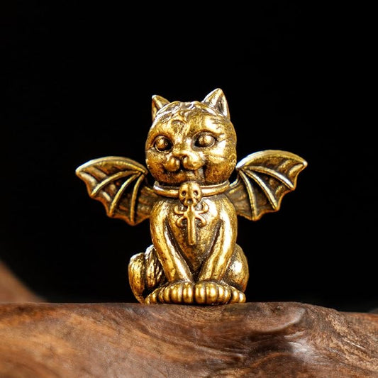 CHOVY Retro Handcrafted Evil Cat Sculpture - 100% Solid Brass Demon Cat Figurine with Wings & Fangs | Gothic Dark Fantasy Desktop Decor, Collectible Art Piece Unique Gift