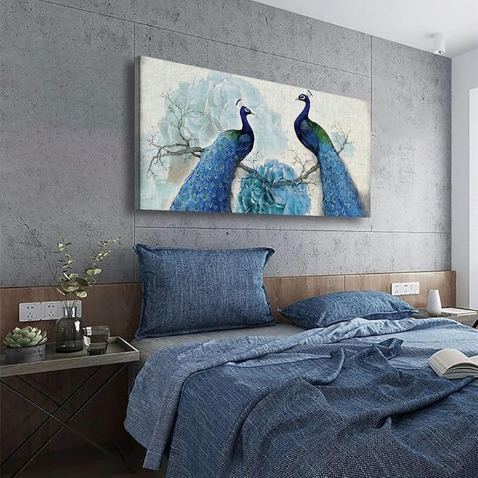 Peacock Canvas Wall Art for Living room Office Bedroom Animal Wall Art Print Oil Paintings Modern Beautiful Flowers Pictures Blue Wall Decor Artwork Waterproof Ready to Hang - 20in * 40inch