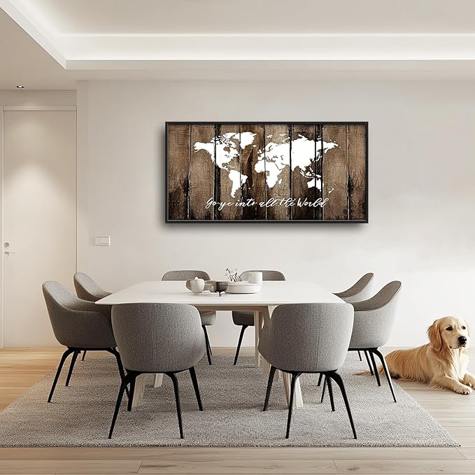 Flintis Large World Map Wall Art Go Ye Into All The World Pictures Wall Decor Abstract Canvas Painting Print Artwork Decoration Framed for Living Room Bathroom Master Bedroom Office 60L x 30W