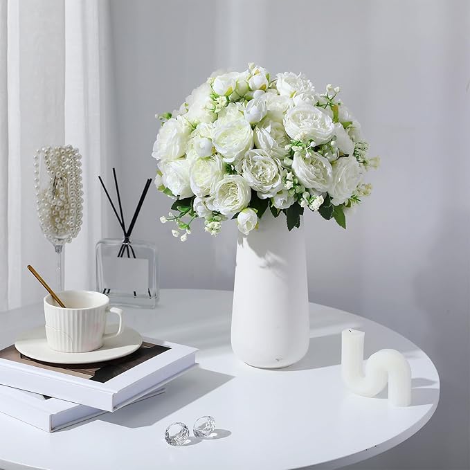 Geosar 8 Bundles Artificial Peonies Flowers Fake Silk Peony Bouquet Faux Peonies Flowers Bulk for Decoration Vase Florals Arrangements Wedding Party Table (White)