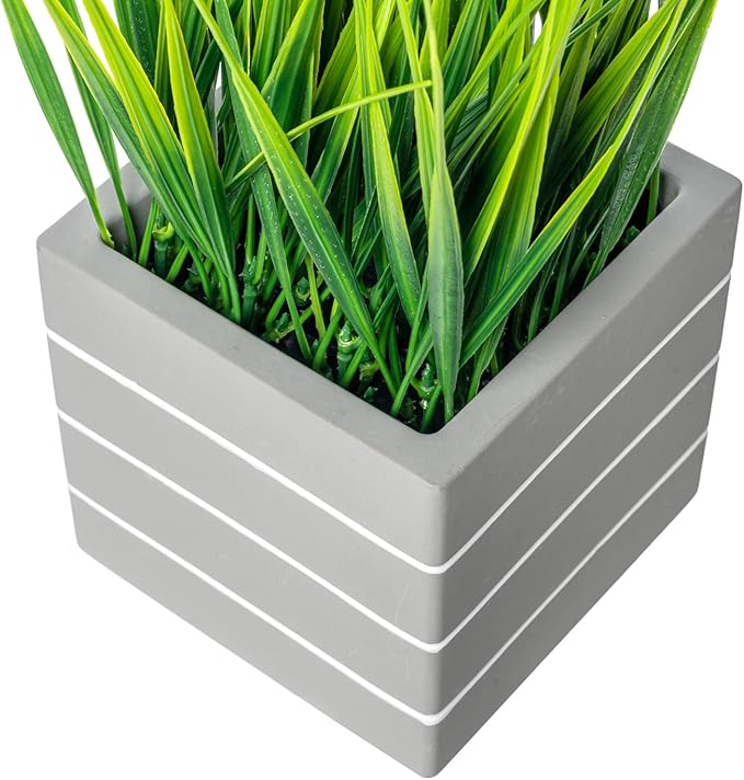 MyGift 9 Inch Tall Mini Artificial Green Grass Plants in Ribbed Gray Concrete Cube Planters, Tabletop Faux Greenery Square Cement Pots Centerpiece Décor, Set of 2