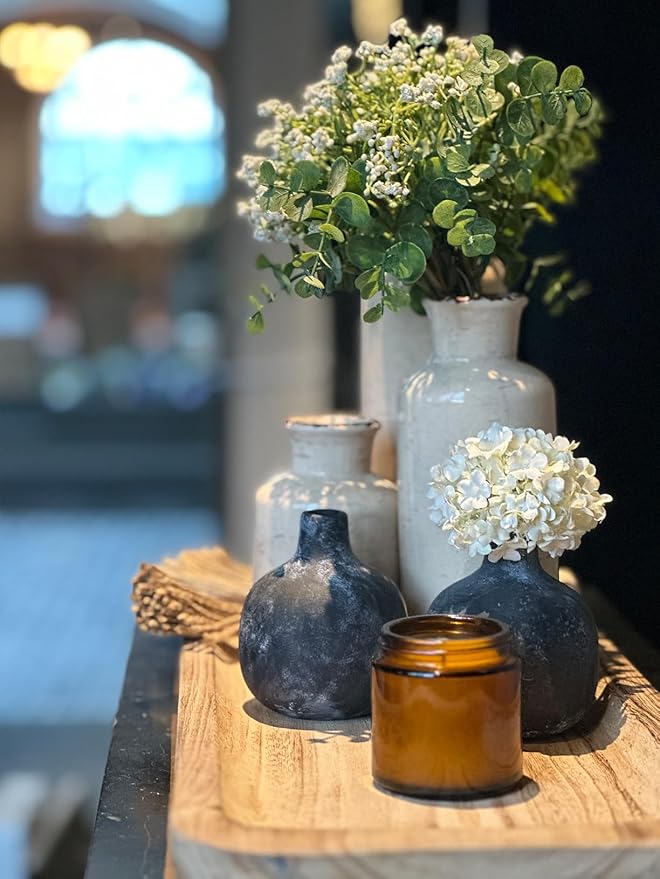 CwlwGO- Ceramic Rustic Vase 3 Piece Set,Small vase for Country Home Decoration,Modern Farmhouse Decor, Living Room Table Decoration, Bookcase, Fireplace and Entrance Decorations.(White)