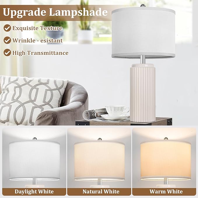 23.5’’ Beige Modern Ceramic Table Lamps Set of 2 for Living Room, Farmhouse Bedside Lamps with Upgraded White Linen Shade, Rustic Nightstand Lamps for Bedroom Home Office, Vintage End Table Dorm