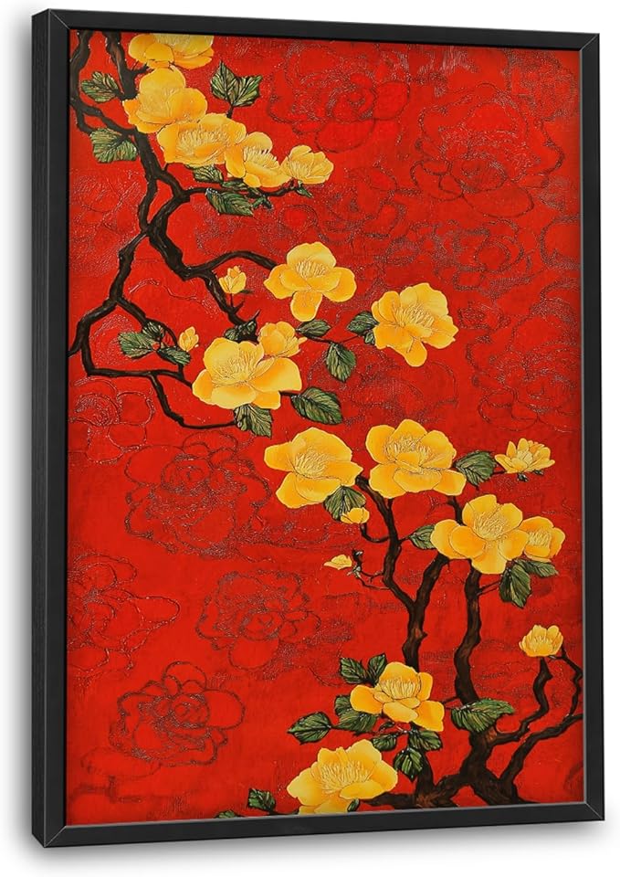 Lovira Yellow Plum Bossom Large Wall Art Traditional Asian Floral Red Canvas Wall Decor Pictures Prints Painting Framed Home Vertical Artwork for Living Room Bedroom Bathroom Kitchen 24"x36"