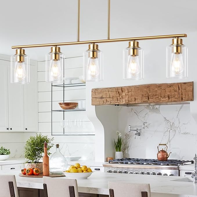 Kitchen Island Light, 5-Light Pendant Lighting, Farmhouse Industrial Dining Room Light Fixtures for Kitchen Island Dining Living Room, Brushed Gold with Clear Glass Shade