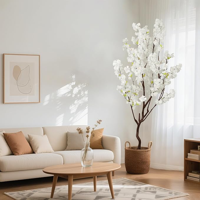 Faux White Cherry Blossom Tree 7ft(84in) Artificial Silk White Flower Tree Lifelike Large Fake Floral Tree for Wedding Realistic Elegant Cherry Sakura Plant in Pot for Home,Living Room,Office Decor