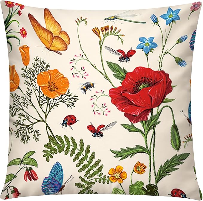 Red Pink Flower Pillow Cover 16x16 Set of 6 Summer Throw Pillow Covers Colorful Floral Cushion Covers for Couch Sofa Living Room Home Decor