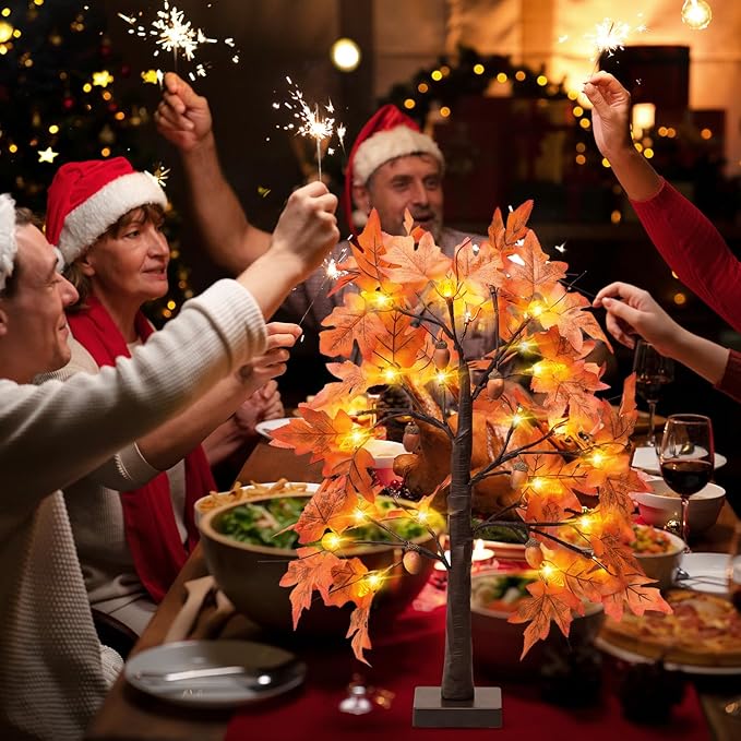 Fall Tree with Lights Thanksgiving Decorations: 2 Pack 2 FT Artificial Trees with 96 Maple Leaves 48 LED Light and Pumpkin Acorns Pinecone Battery Operated Outdoor Indoor Home Table Room Autumn Decor