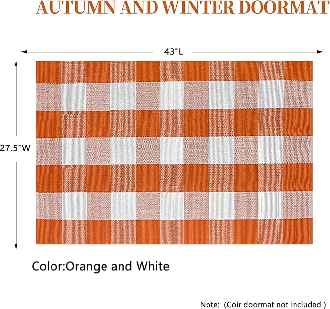 SEEKSEE Cotton Buffalo Plaid Rug 27.5"x43" Orange and White Checked Rug Washable Doormats Indoor Outdoor Rugs for Layered Front Door Mats, Porch, Kitchen, Farmhouse, Entryway