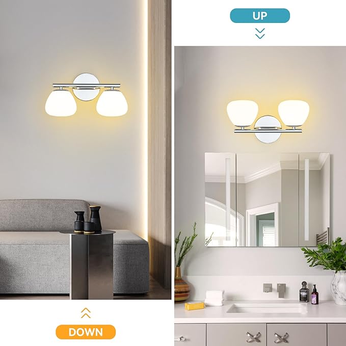 Modern 2 Light Bathroom Vanity Light Chrome Vanity Light Bathroom Light Fixtures Over Mirror with Milk Glass Shade Bathroom Wall Sconce