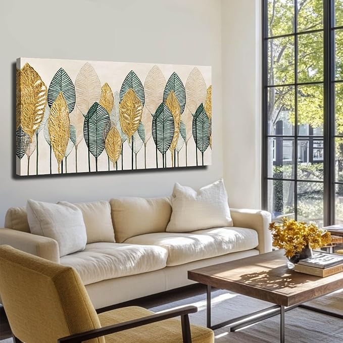 CHUDANHAO Green Wall Art Gold Wall Decor Leaves Prints Pictures Textured Bedroom Decor Line Painting Green Paintings Wall Decorations 24”x48” Artwork for Living Room Dining Room
