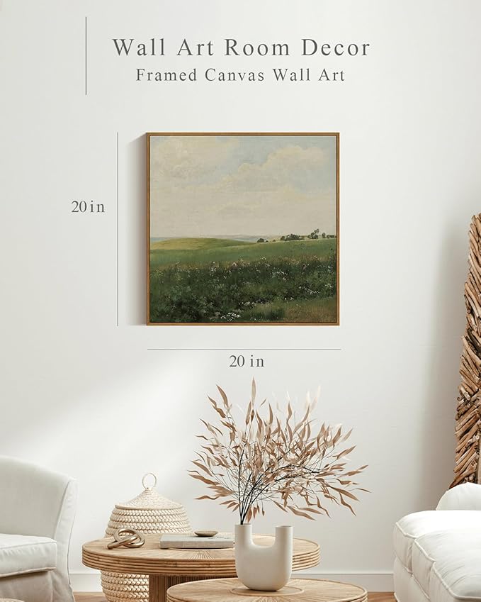InSimSea Square Framed Canvas Wall Art, Large Decor Vintage Grassland Paintings, Field Scenery Wall Pictures for Bedroom Bathroom, Canvas Prints Artwork, Vintage Farmhouse Decor 20"x20"