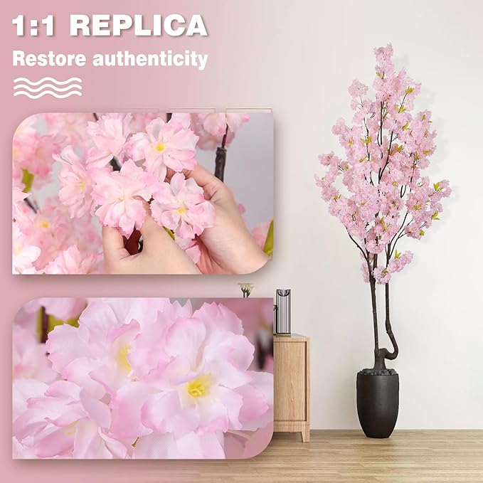 Faux Pink Cherry Blossom Tree 7ft(84in) Tall Artificial Plant Indoor Decor Handmade Natural Fake Cherry Sakura Tree for Wedding Realistic Tree Plant in Pot for Home Living Room,Office,Outdoor Decor.