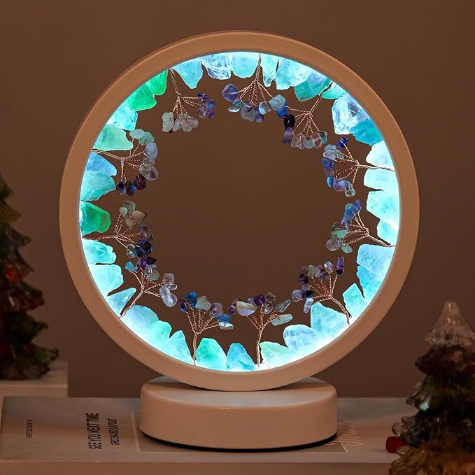 Runyangshi Natural Crystal Green Fluorite Small Tree Round White Frame Tri-Color Ambient Light Home Decoration Night Light Mother's Day Gift