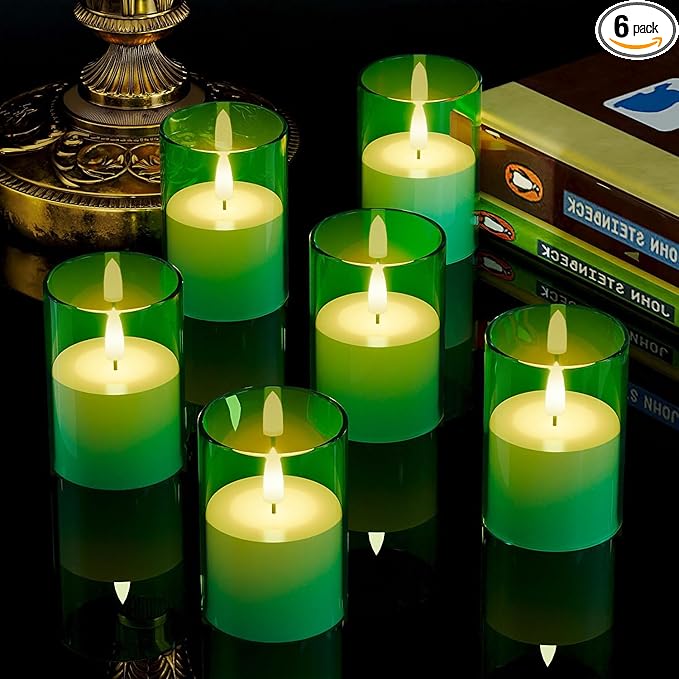 6Pack Flickering Flameless LED Candles with Timer, Battery Powered - Small Pillar & Votive, Green (2"X3")