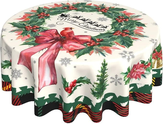 Kawani Merry Christmas Tablecloth Round 60 Inch Ruitic Red Buffalo Plaid Xmas Table Cloth Waterproof Farmhouse Flower Bird Tablecloths Decorative for Holiday Home Party Wedding Picnic