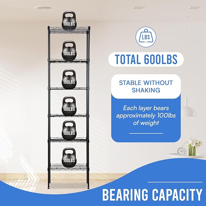 PayLessHere | 6-Tier Wire Shelf | 17"x12"x64" | Black | Adjustable Racks | Heavy-Duty Storage Shelves, Holds Upto 600 lbs | Rust-Resistant, No-Tool Assembly | for Home, Garage Shelving