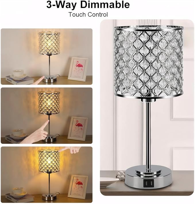 Crystal Table Bedside Lamp Touch Control, 3-Way Dimmable Small Nightstand Lamp Set of 2 with USB-C+A Charging Ports, Decorative Silver Tabletop Lamp for Bedroom Living Room Guest Room, Bulbs Included