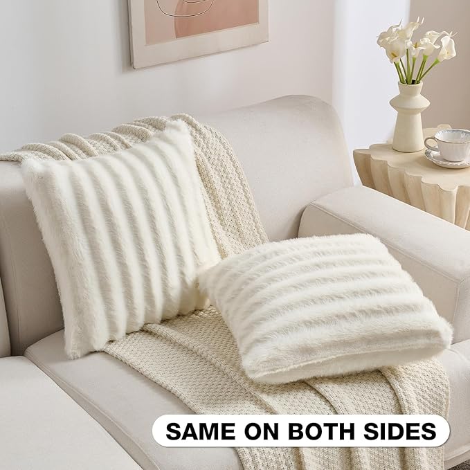 FUTEI Cream White Decorative Throw Pillow Covers 22x22 Inch Set of 2,Soft Fluffy Faux Mink Fur Dyeing Striped Textured Cushion Case,Modern Home Decor for Couch Bed Living Room