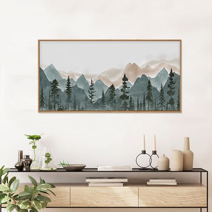 CHDITB Large Mountain Wall Art, 20"x40" Framed Forest Woodland Wall Decor, Pine Tree Landscape Wall Painting, Nature Scenery Canvas Art Prints for Living Room, Bedroom, Office, Dining Room