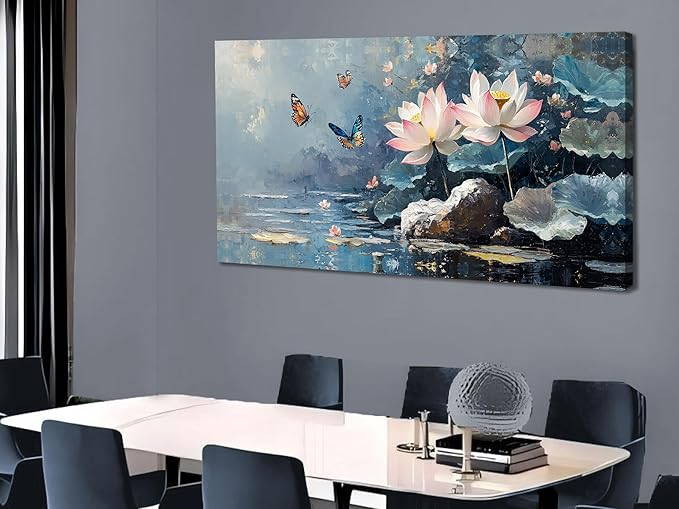 Ardemy Lotus Large Wall Art for Living Room Butterfly Canvas Art Wall Decor Textured Pictures Artwork Bedroom Kitchen Dining Home Office, 58"x29"