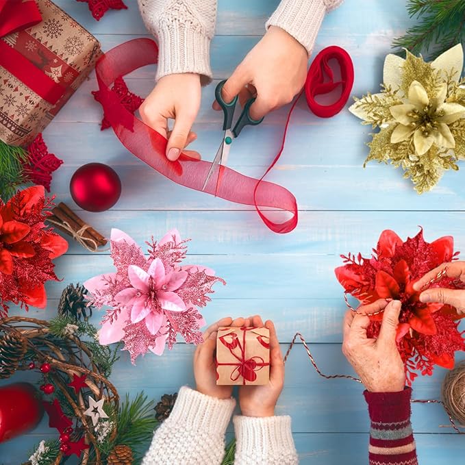 Christmas Poinsettia Artificial Flowers Decorations 5.5" Christmas Tree Wreaths Garland Decoration 12 Pcs Glitter Flowers Picks Decor for Xmas New Year Wedding Party Ornaments (Black)