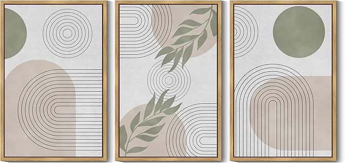 KUVIOKE Green Boho Framed Wall Art Modern Botanical Wall Printing Neutral Geometric Prints Bohemain Sage Decor Ready to Hang 24x36in (Natural Framed)