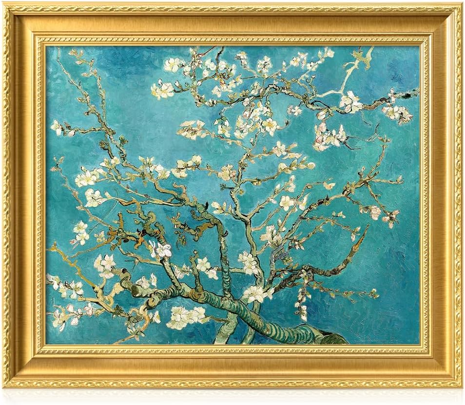 DECORARTS - Almond Blossom Tree by Vincent Van Gogh. Giclee Print on Acid-Free Canvas in Gold Solid Wood Frame. Picture Size: 20x16, Total Size: 24.75x20.75, Made in USA