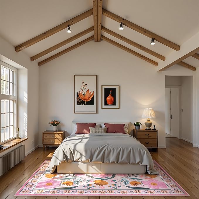 Beeiva Pink 6x9 Area Rugs, Floral Washable Dining Room Rug for Living Room Ultra-Thin, Non Slip Low Pile Indoor Flower Carpet for Girl Nursery Dorm Room Kids Playroom Classroom Decor (Pink,6'x9')