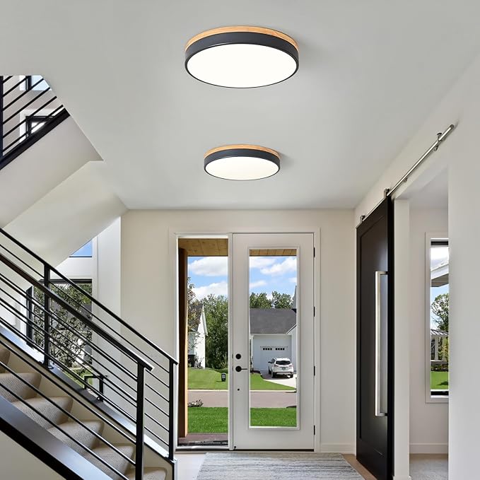 Dimmable Wood LED Close to Ceiling Light, Modern 2700K-6000K 5CCT Round Grey Flush Mount Light Fixtures, Minimalist Ceiling Lamp for Living Room, Dining Room, Bedroom, Kitchen-15.8in