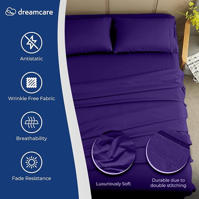 DREAMCARE Twin XL Sheet Set - Cooling Bed Sheets - 4pc Set - up to 15" Deep Pocket - Soft & Long Lasting 100% Fine Brushed Polyester with Side Pocket - Purple