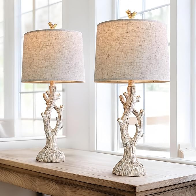 OYEARS Farmhouse Table Lamps Set of 2 for Living Room Bedroom Bedside Tree Lamp Nightstand End Table 25" Lamps Vintage Natural Style