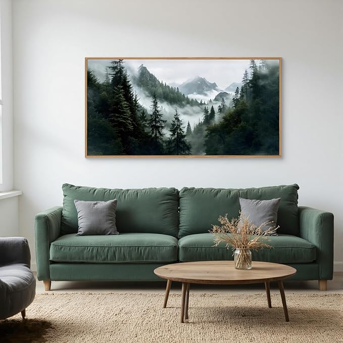 HOURIA Boho Forest Mountain Framed Canvas Wall Art Set,Nature Foggy Woodland Ridge Wall Decor,Misty Pine Tree Artwork,Sage Green Botanical Art Prints for Living Room, Bedroom, Farmhouse- 20"×40"×1