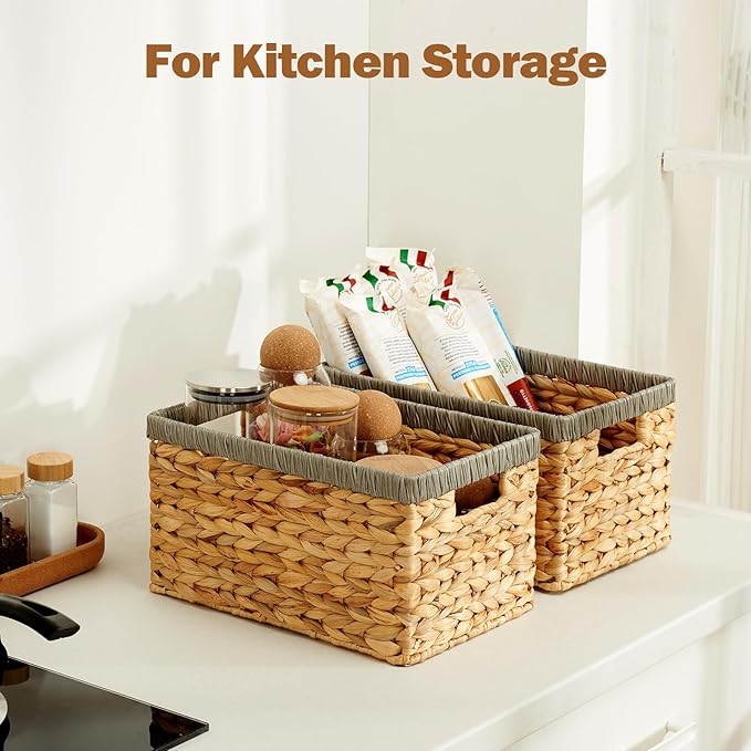 Wicker Storage Basket 2 Pack, Water Hyacinth Storage Baskets with Built-in Handles, Large Wicker Baskets for Storage & Organizing, Natural with Grey
