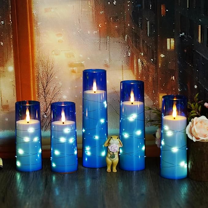 Flameless LED Candles with Timer 5 Pc Flickering Flameless Candles for Romantic Ambiance and Home Decoration Stable Acrylic Shell,with Embedded Star String，Battery Operated Candles（Blue）