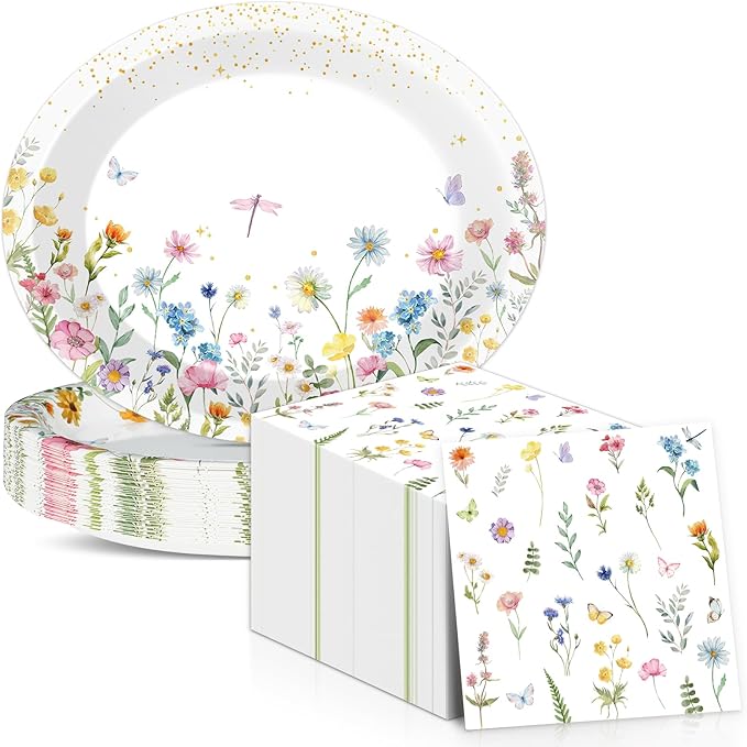 Wildflower Oval Plates and Napkins Floral Paper Platters Disposable Flower Party Tableware Decor Heavy Duty Dish Tray for Holiday Picnic Wedding Bridal Baby Shower Party Celebration,25 Guest