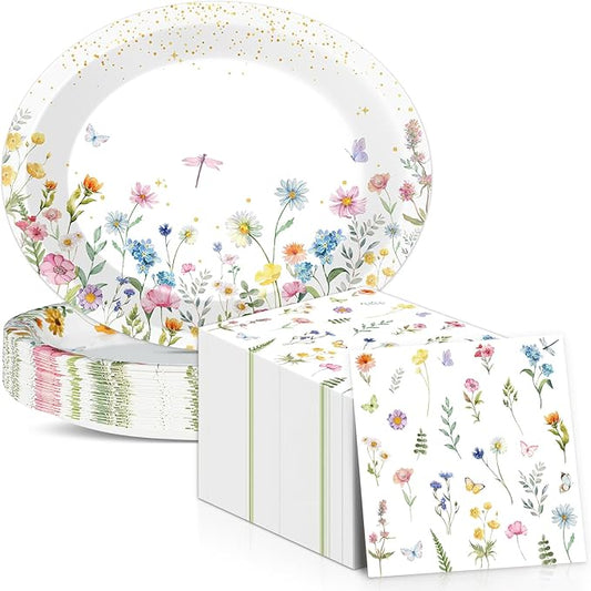 Wildflower Oval Plates and Napkins Floral Paper Platters Disposable Flower Party Tableware Decor Heavy Duty Dish Tray for Holiday Picnic Wedding Bridal Baby Shower Party Celebration,25 Guest