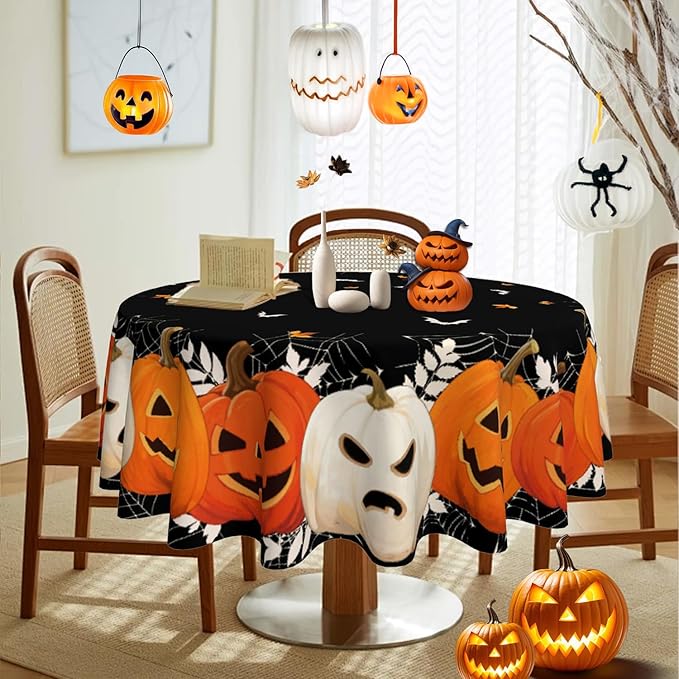 Halloween Round Tablecloth 60x60 Inch Pumpkin Ghost Table Cover Holiday Decorations Seasonal Decor for Home Kitchen Dining Room Picnic Party Fall Thanksgiving