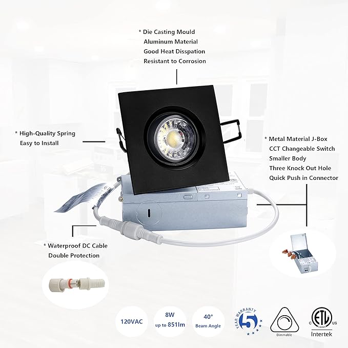 Canless Recessed Gimbal Downlight Rotatable-Spotlight 5 CCT 3 Inch Eyeball Ceilling Potlight, Dimmable Recessed Lights Fixture with Junction Box, 8W CCT Adjustable, Black Square Finish, 6P