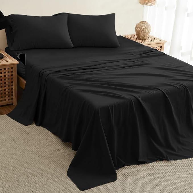 DREAMCARE Twin XL Sheet Set - Cooling Bed Sheets - 4pc Set - up to 15" Deep Pocket - Soft & Long Lasting 100% Fine Brushed Polyester with Side Pocket - Black