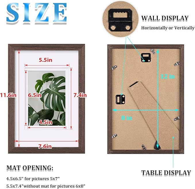 Egofine 8x12 Picture Frames Set of 4, Made of Solid Wood Covered by Plexiglass 5x7 and 6x8 with Mat or 8x12 without Mat, for Table Top Display and Wall Mounting Photo Frame Brown