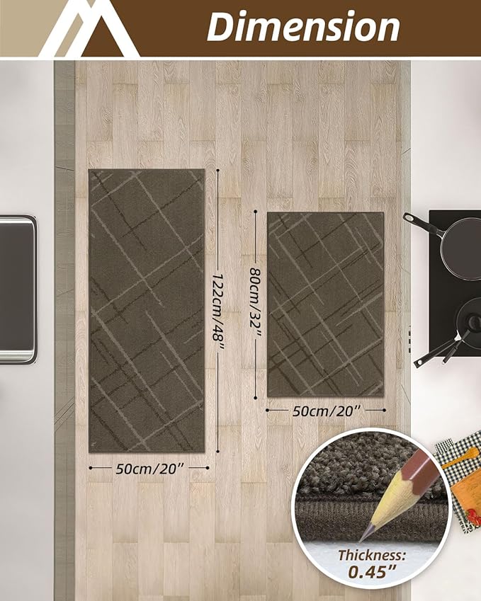 COSY HOMEER Kitchen Mats, 2 PCS Kitchen Rug Non Slip Washable, Absorbent Runner Rugs for Kitchen Floor, Polyester Kitchen Sink Rug 20"x32" + 20"x48"(Brown)